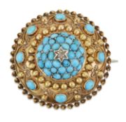 A MID-19TH CENTURY ETRUSCAN REVIVAL TURQUOISE AND DIAMOND BROOCH