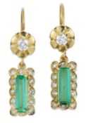 A PAIR OF EMERALD AND DIAMOND PENDANT EARRINGS