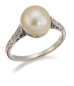 A NATURAL SALTWATER PEARL AND DIAMOND RING