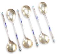 A SET OF SIX RUSSIAN SILVER AND ENAMEL SPOONS