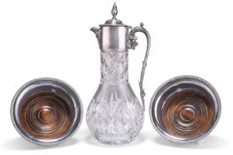 A VICTORIAN STYLE SILVER-PLATE MOUNTED CLARET JUG AND A PAIR OF GARRARD SILVER-PLATED WINE COASTERS
