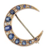 A 19TH CENTURY SAPPHIRE AND DIAMOND CRESCENT BROOCH