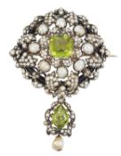 A LARGE MID-19TH CENTURY PERIDOT AND NATURAL SALTWATER PEARL BROOCH
