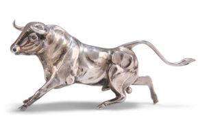 A SILVER MODEL OF A SPANISH BULL