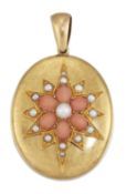 A LATE 19TH CENTURY CORAL AND PEARL OVAL LOCKET PENDANT