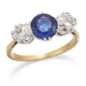 A SAPPHIRE AND DIAMOND THREE STONE RING