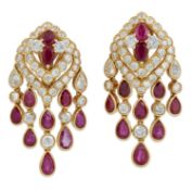 A PAIR OF RUBY AND DIAMOND PENDANT EARRINGS