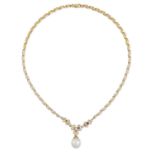 A CULTURED PEARL AND DIAMOND NECKLACE