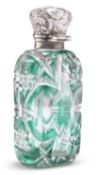 A 19TH CENTURY GREEN FLASH GLASS SCENT BOTTLE WITH UNMARKED TOP