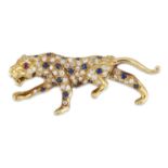 AN 18 CARAT GOLD SAPPHIRE AND DIAMOND LEOPARD BROOCH