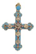 A 19TH CENTURY BLUE ENAMEL, DIAMOND AND RUBY CROSS PENDANT