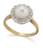 AN 18 CARAT GOLD CULTURED PEARL AND DIAMOND CLUSTER RING