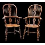 A MATCHED PAIR OF 19TH CENTURY YEW AND ELM YORKSHIRE HIGH-BACK WINDSOR CHAIRS