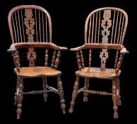 A MATCHED PAIR OF 19TH CENTURY YEW AND ELM YORKSHIRE HIGH-BACK WINDSOR CHAIRS