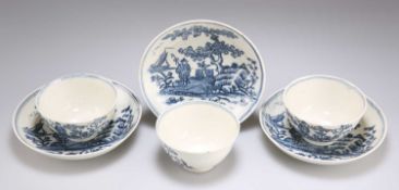 A SET OF THREE SETH PENNINGTON (LIVERPOOL) BLUE AND WHITE TEA BOWLS AND SAUCERS