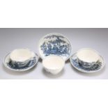 A SET OF THREE SETH PENNINGTON (LIVERPOOL) BLUE AND WHITE TEA BOWLS AND SAUCERS