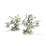 A PAIR OF BOW PORCELAIN BIRDS IN BRANCHES CANDLESTICK GROUPS, CIRCA 1762