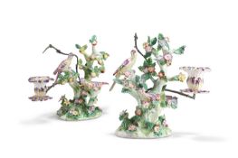 A PAIR OF BOW PORCELAIN BIRDS IN BRANCHES CANDLESTICK GROUPS, CIRCA 1762