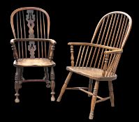 A 19TH CENTURY ELM AND BEECH WINDSOR CHAIR AND A 19TH CENTURY ELM AND OAK WINDSOR CHAIR