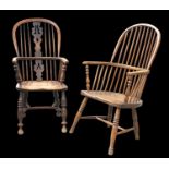 A 19TH CENTURY ELM AND BEECH WINDSOR CHAIR AND A 19TH CENTURY ELM AND OAK WINDSOR CHAIR