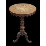 A VICTORIAN ROSEWOOD AND WOOLWORK TILT-TOP TRIPOD TABLE