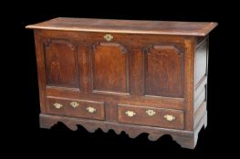 AN 18TH CENTURY MAHOGANY-BANDED OAK MULE CHEST