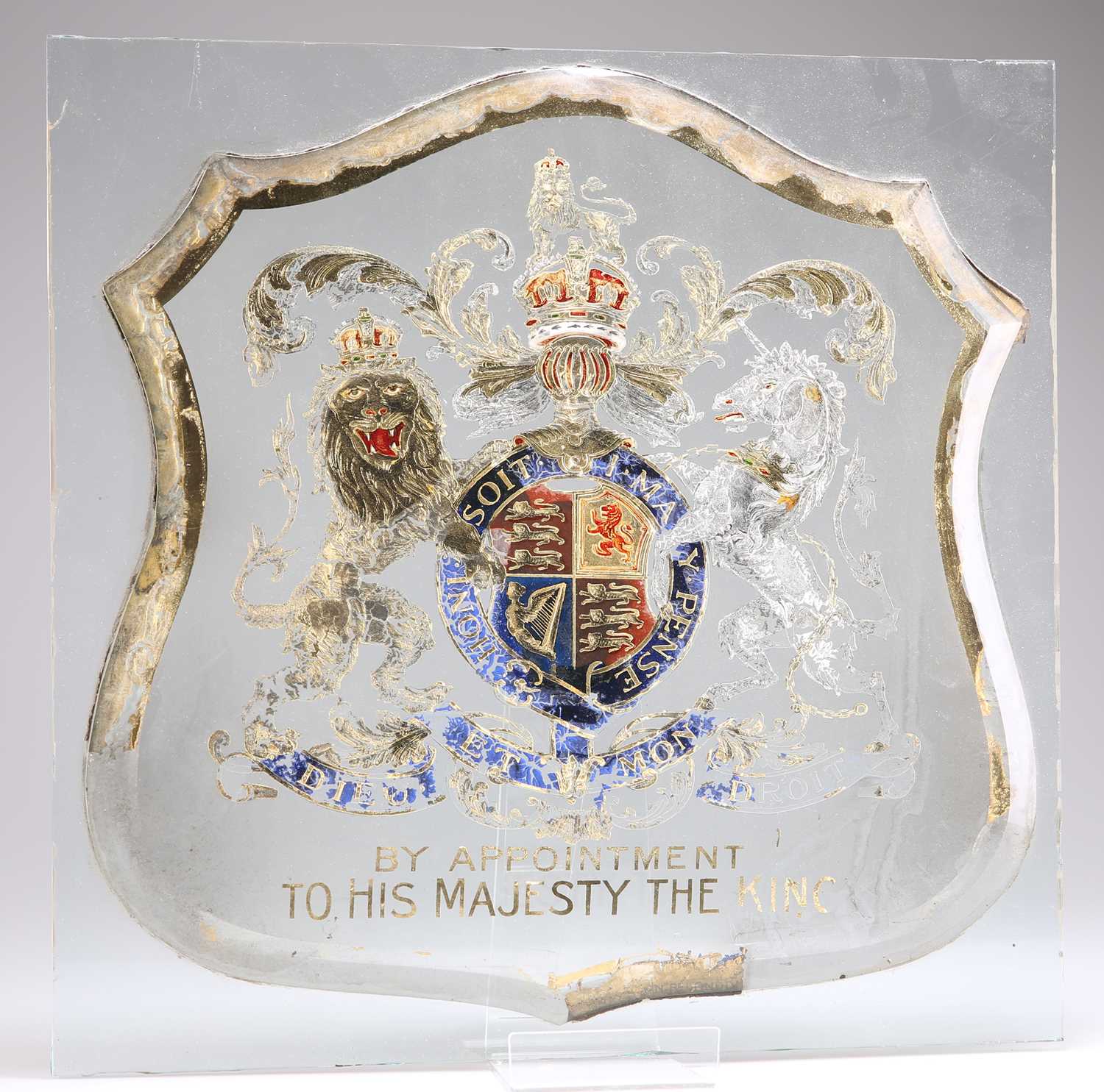 THREE ROYAL WARRANT GLASS SHIELDS, EARLY 20TH CENTURY