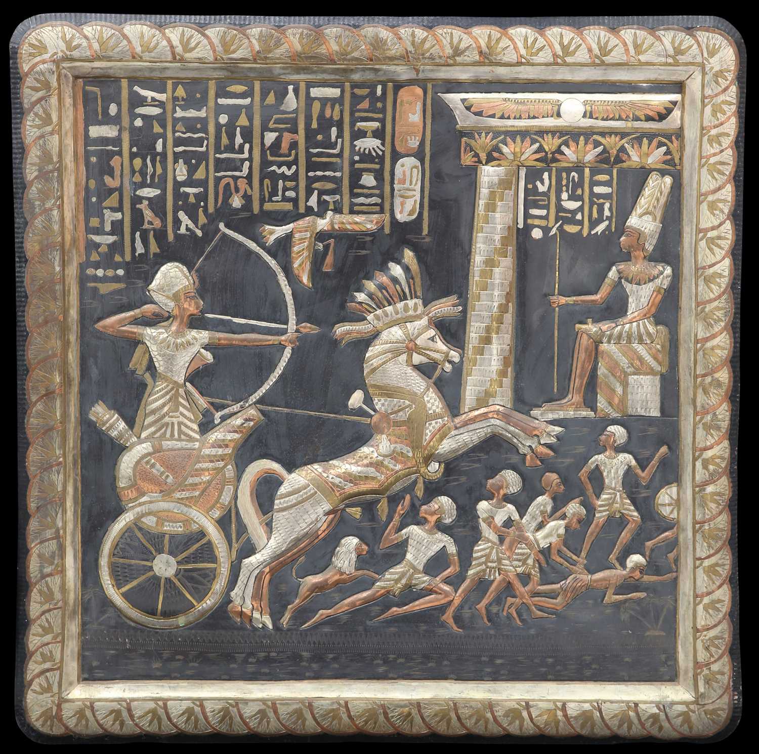 A LARGE EGYPTIAN MIXED METAL PLAQUE/TRAY