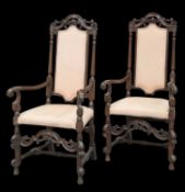 A PAIR OF WILLIAM AND MARY STYLE STAINED BEECH HIGH-BACK ARMCHAIRS
