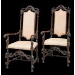 A PAIR OF WILLIAM AND MARY STYLE STAINED BEECH HIGH-BACK ARMCHAIRS