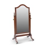 AN EDWARDIAN STRING-INLAID MAHOGANY CHEVAL MIRROR