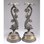 A PAIR OF LATE 19TH CENTURY PATINATED METAL TABLE LAMPS