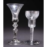 AN 18TH CENTURY SODA GLASS WINE AND AN ENGRAVED AIR TWIST WINE GLASS