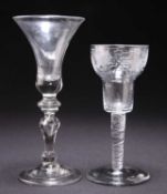 AN 18TH CENTURY SODA GLASS WINE AND AN ENGRAVED AIR TWIST WINE GLASS