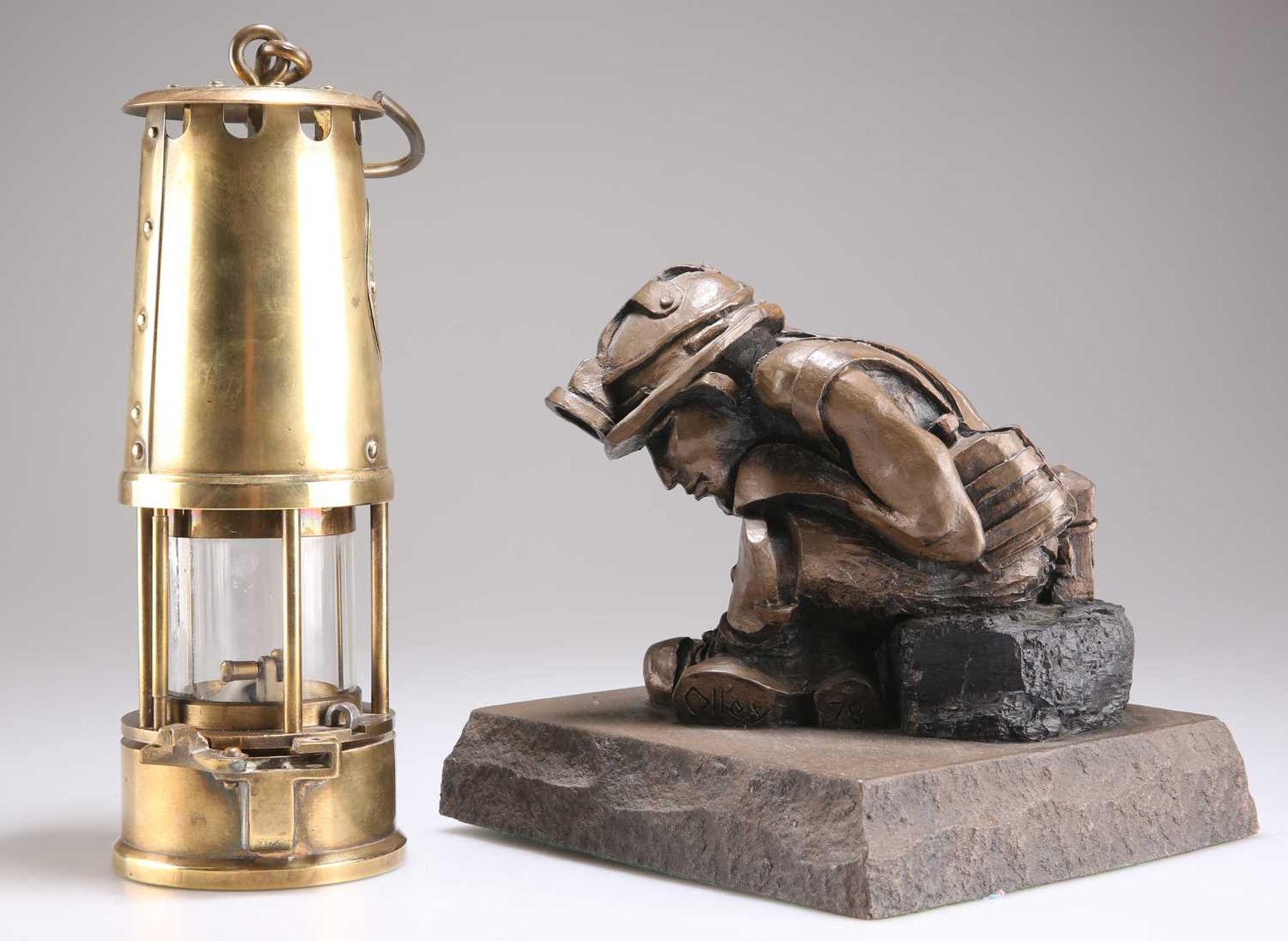 MINING INTEREST: ROBERT OLLEY, A BRONZED RESIN FIGURE OF A MINER AND AN ECCLES MINER'S LAMP - Bild 2 aus 2