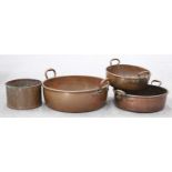 THREE ANTIQUE COPPER ROLL-TOP PANS AND A RIVETED COPPER PLANTER