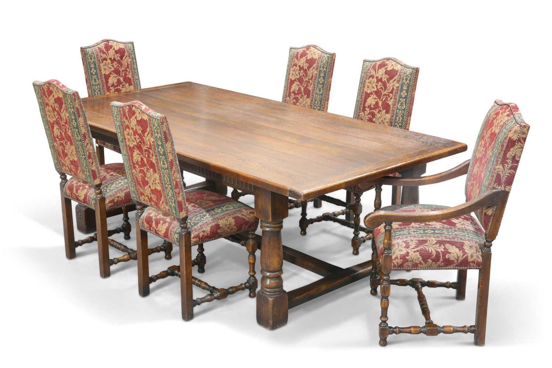 ROYAL OAK FURNITURE COMPANY, A PERIOD-STYLE OAK REFECTORY DINING TABLE AND EIGHT CHAIRS