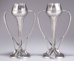 ARCHIBALD KNOX (1864-1933) FOR LIBERTY & CO, A PAIR OF TUDRIC PEWTER TULIP VASES