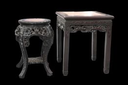 TWO CHINESE MARBLE-INSET HARDWOOD JARDINIERE STANDS