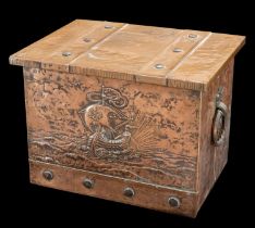 AN ARTS AND CRAFTS COPPER-MOUNTED LOG BOX