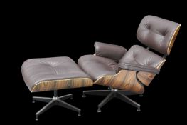 A LEATHER AND BENTWOOD LOUNGE CHAIR AND FOOTSTOOL