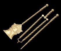 A SET OF THREE VICTORIAN BRASS FIRE IRONS