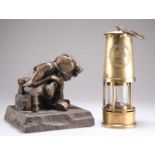 MINING INTEREST: ROBERT OLLEY, A BRONZED RESIN FIGURE OF A MINER AND AN ECCLES MINER'S LAMP