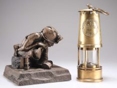 MINING INTEREST: ROBERT OLLEY, A BRONZED RESIN FIGURE OF A MINER AND AN ECCLES MINER'S LAMP