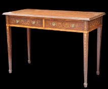 A LATE VICTORIAN INLAID MAHOGANY TWO-DRAWER CONSOLE TABLE