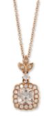 AN 18 CARAT ROSE GOLD MORGANITE AND DIAMOND CLUSTER PENDANT ON CHAIN