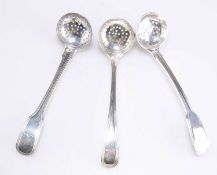 A GROUP OF THREE GEORGE III SILVER SPICE SIFTERS