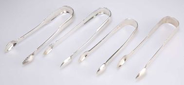 FOUR PAIRS OF SILVER SUGAR TONGS, GEORGE III AND LATER
