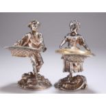 A PAIR OF 19TH CENTURY CONTINENTAL SILVER-PLATED FIGURAL SALTS