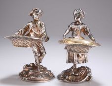 A PAIR OF 19TH CENTURY CONTINENTAL SILVER-PLATED FIGURAL SALTS